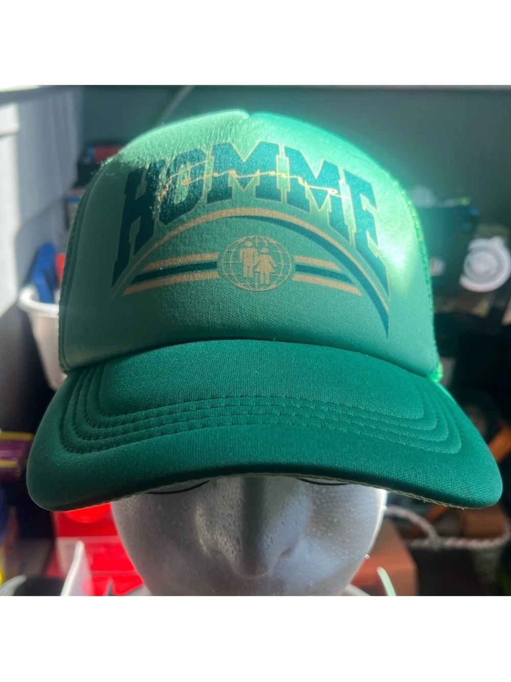 Homme Femme Green Global Logo Snapback Cap 5 Panel Mesh Back Trucker Hat - HFLA